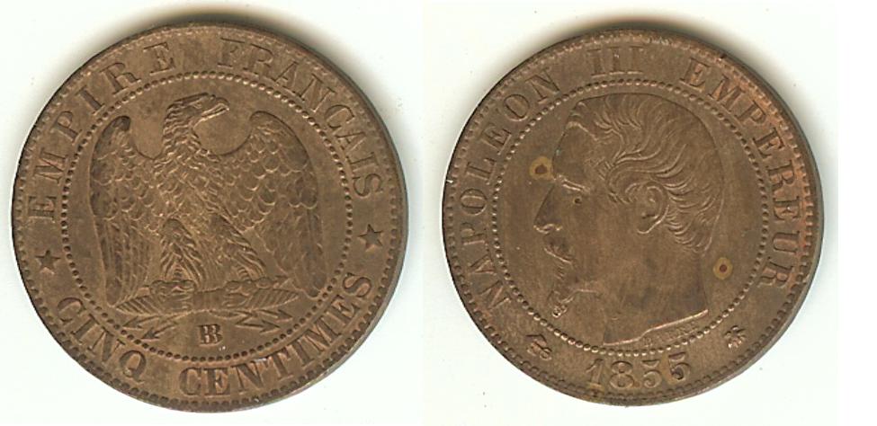 Cinq centimes Napoléon III, tête nue 1855 Strasbourg TTB+